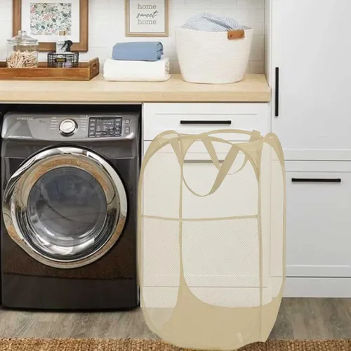 Miniatura 2 de BATTOO Cesta de lavandería desplegable de malla fuerte de lujo con bolsillo lateral para lavandería, baño, habitación de los niños, dormitorio Beige