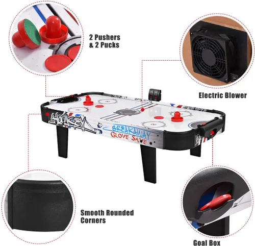 Miniatura 5 de Goplus Mesa de hockey de aire, juego de hockey de aire de mesa de 42 pulgadas con marcador LED, 2 discos, 2 empujadores, motor potente, juego