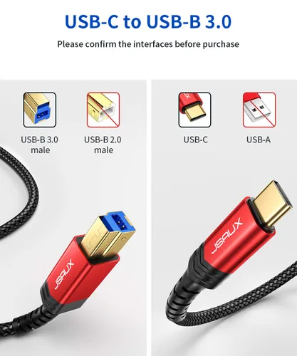 Miniatura 2 de JSAUX Cable de impresora USB B 3.0 a USB C de 6.6 pies, cable USB 3.0 tipo B de nailon compatible con estación de acoplamiento, discos duros