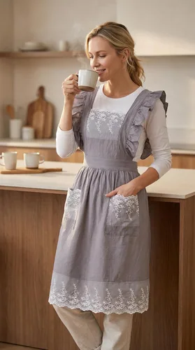 Miniatura 3 de Delantal vintage para mujeres con bolsillos, delantal lindo de algodón y lino con encaje y espalda cruzada para jardinería, cocina, cocinar