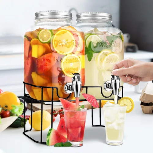 Miniatura 7 de Dispensadores de bebidas de vidrio de 1 galón para fiestas, dispensador de bebidas de limonada con soporte y grifo para barbacoa, picnic, fiesta