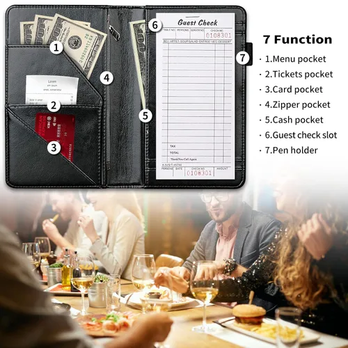 Miniatura 4 de Libreta para mesera, color negro, de 5 x 7.75 pulgadas, con cremallera y soporte para bolígrafo, libro de camarera para tarjetas de crédito, Setas
