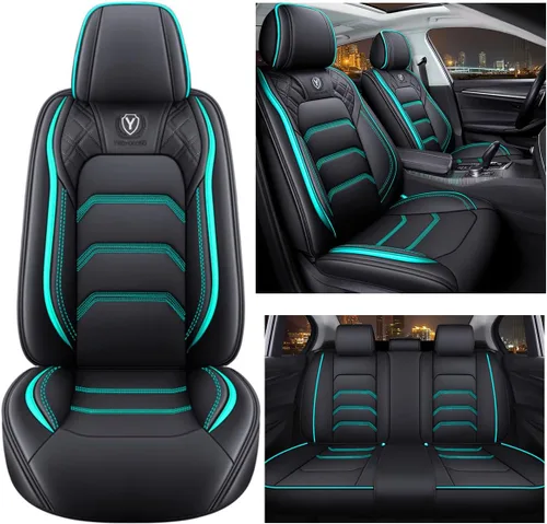 Miniatura 3 de Juego completo de fundas de cuero cómodas para asientos de automóvil de 5 asientos, ajuste universal (negro y verde)