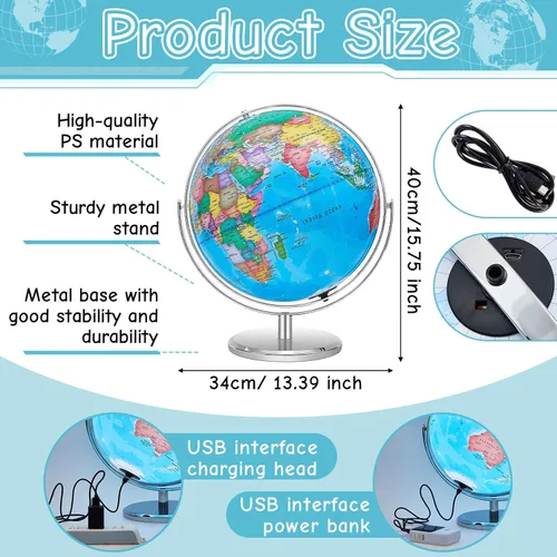 Miniatura 2 de Amylove – Globo mundial iluminado de 13'' para adultos, rotación de 720°/360°, globo reescribible con luz, con soporte, mapa del mundo para metal