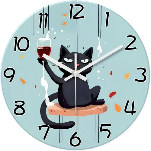 XNM Reloj de Pared Analógico de Vidrio Operado por Batería 12 Pulgadas Redondo de Cuarzo Reloj de Gato Negro para Cocina Reloj de Pared Silencioso
