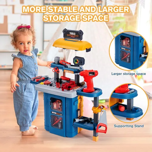 Miniatura 5 de Banco de herramientas para niños con juego de herramientas para niños, banco de herramientas para niños de tres modos con juego de taladro Juego