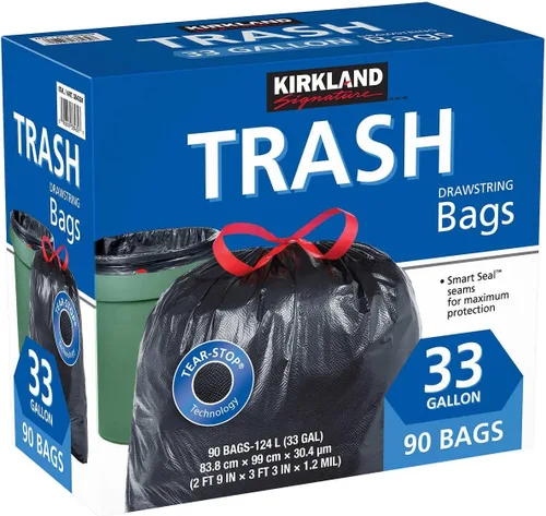 Kirkland Signature Carton es una bolsa de basura 100% reciclable con cordón negro de 33 galones, 90 unidades, tecnología Tear-Stop