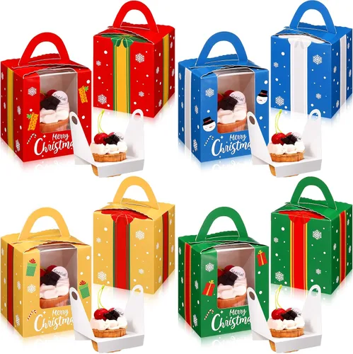 Miniatura 9 de TaoBary 24 cajas de magdalenas de Navidad, caja individual para cupcakes, cajas de galletas de Navidad con asa de inserción de ventana, soporte