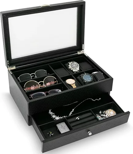 HAUTEROW Caja organizadora de relojes para hombres, caja de joyería, estuche de reloj, organizador de gafas de sol, bandeja de valet, organizador de