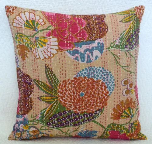 Funda de cojín decorativa india vintage Kantha, tela étnica india, estampado de frutas, cojines hechos a mano, almohada de cama de diseño indio, 16