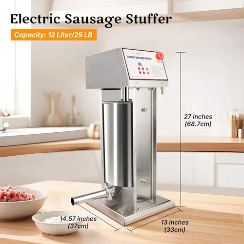 Miniatura 2 de Relleno de salchichas eléctrico comercial, de acero inoxidable, máquina de salchichas vertical de 12 litros/25 libras con 4 tubos S/S, relleno