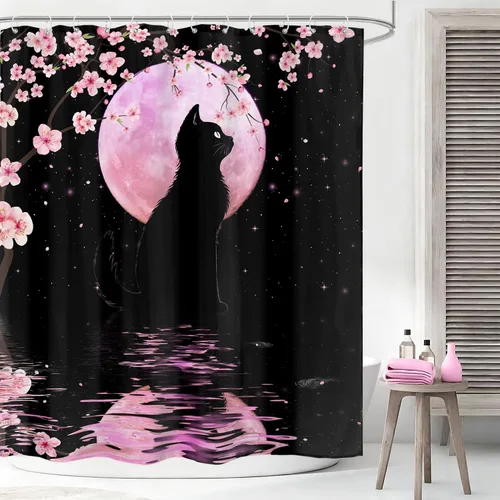 Miniatura 17 de Cortina de ducha floral gris y rosa de 72x72 pulgadas, flores de cerezo en rosa polvoriento y flores llorosas en primavera, tela impermeable