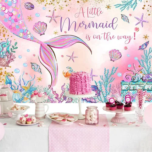 Miniatura 2 de Mocsicka Telón de fondo de sirena para baby shower, sirena rosa bajo el mar, decoración de fiesta de baby shower para niñas, fondo de fotografía