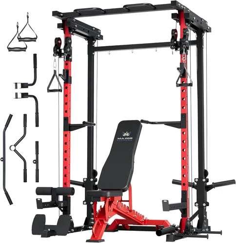 Miniatura 15 de MAJOR FITNESS Drone3 Power Rack, banco de sentadillas para gimnasio en casa de 2500lbs multifunción con sistema de polea doble, barra de tracción