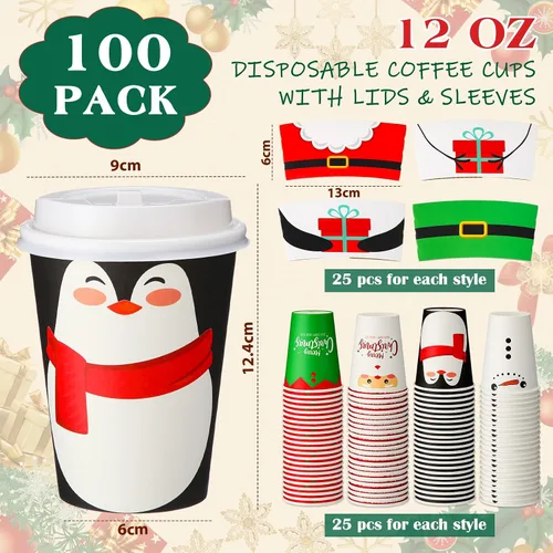 Miniatura 2 de Yungyan Paquete de 100 Tazas de Café Desechables de Navidad de 12 oz con Tapas y Mangas, Tazas de Café de Papel Aisladas con Tapas de Cúpula