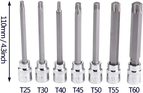 Miniatura 2 de Juego de llaves de vaso extra largas Torx Star Bit 7 piezas T25-T60 CR-V "3/8" Drive 4.331 in (Torx)