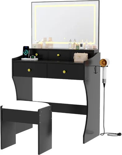 Miniatura 8 de Garvee Tocador de 31.5 pulgadas de ancho con silla, tocador para mujer con taburete, espejo LED, soporte para secador de pelo, toma de corriente, 3