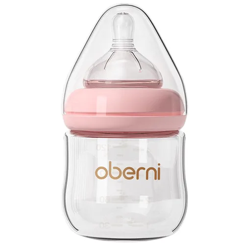 Oberni Biberones de vidrio para bebé, biberón anticólico para lactancia materna con tetina de respuesta natural talla S, cuello ancho y flujo lento