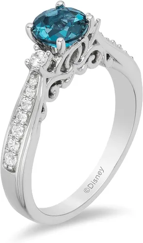 Miniatura 4 de Jewelili Enchanted Disney Fine Jewelry - Anillo de plata de ley con diamante de 1/5 quilates y topacio azul londinense
