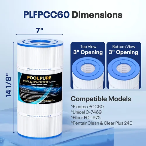Miniatura 2 de POOLPURE Filtro de piscina PLFPCC60 sustituye a Pentair CCP240, PCC60, Ultral-A4, Unicel C-7469, R173572, 178569, Filbur FC-1975, Clean and Clear