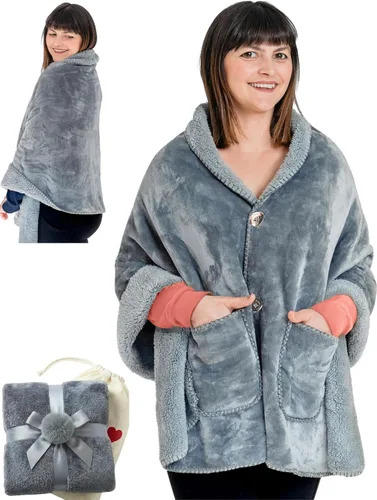 Miniatura 9 de EzrAllora Manta Poncho de Doble Capa Premium para Mujeres -Ponte y Listo Sin Mangas- Chal de Vellón Sherpa con Bolsillos - Manta Vestible - Regalos