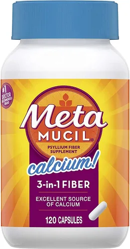 Metamucil Fibra con calcio 3 en 1 cápsula de psyllium suplemento de fibra con calcio para la salud ósea Cápsulas de 120 ct (OLD)