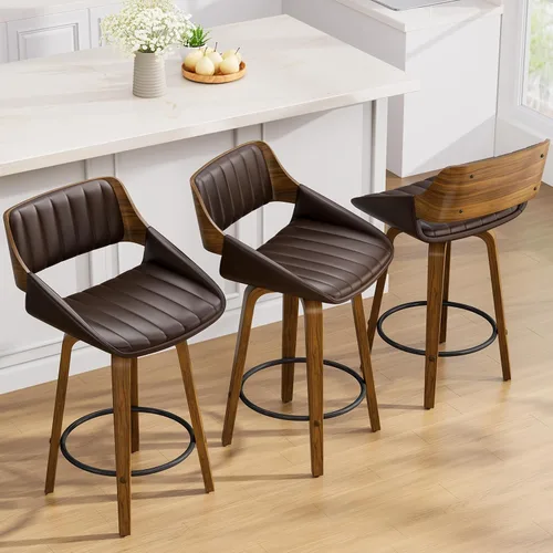 Miniatura 9 de Juego de taburetes de bar de 1, taburetes de bar giratorios de 26" de altura de mostrador con respaldo y patas de madera curvada de nogal, sillas