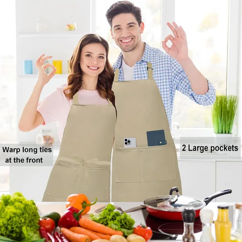 Miniatura 5 de Paquete de 2 delantales de lona resistentes al agua ajustables con 2 bolsillos con lazos largos para cocina, cocina, restaurante, chef para mujeres
