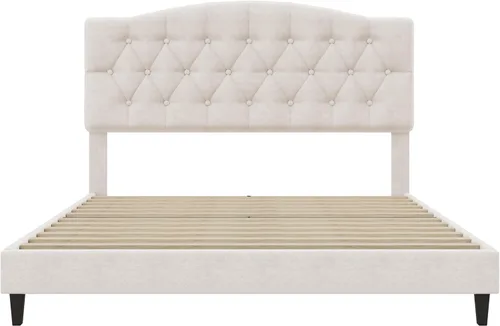 Miniatura 6 de Merax Cama de plataforma tapizada de lino tamaño Queen con cabecera curvada ajustable, acolchado de diamante, listones de madera, soporte de metal