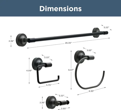 Miniatura 8 de Franklin Brass Voisin - Juego de 4 toalleros de baño negro mate de 24 pulgadas, soporte para papel higiénico, soporte para toallas de mano, gancho