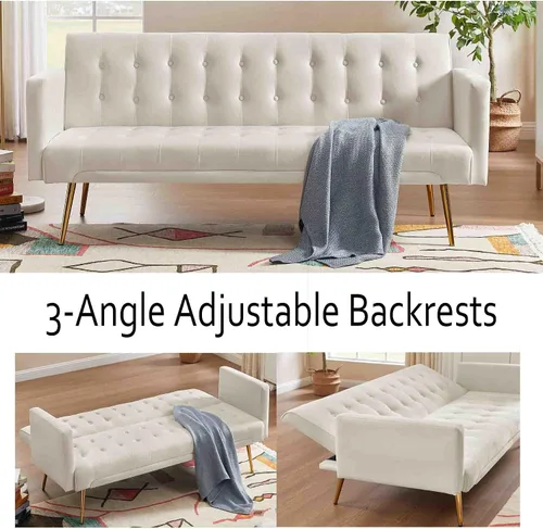 Miniatura 3 de Sofá cama futón moderno de terciopelo de 70 pulgadas, sofá cama convertible con patas y reposabrazos de metal, sofá biplaza tapizado plegable