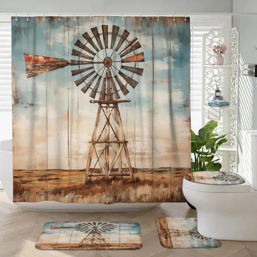 Miniatura 41 de Juego de baño estilo granja de 3 piezas con cortina de ducha y alfombras, cortina de ducha de 72'' y dos alfombras de baño antideslizantes lavables