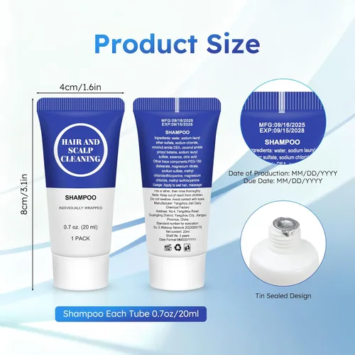 Miniatura 2 de Champú tamaño viaje, mini champú en gel, 0.7 onzas líquidas envueltas individualmente a granel, muestra de prueba, kit pequeño de artículos