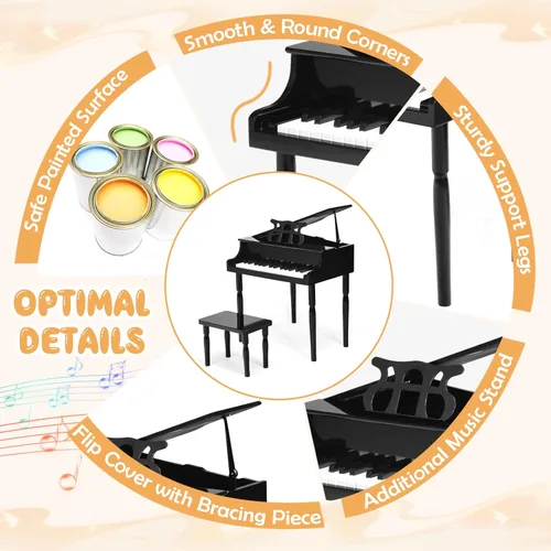 Miniatura 4 de Goplus 30 teclas piano clásico para niños, mini piano de madera estilo grand para aprender a tocar con banco, tapa para piano, estante para música