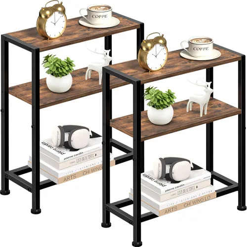 Miniatura 10 de Mesa auxiliar estrecha para espacios pequeños, mesa auxiliar pequeña de 2 niveles con soporte para estantes, mesita de noche delgada, mesa de sofá