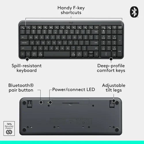 Miniatura 7 de Logitech Teclado Bluetooth K250 con teclado numérico, fácil conectividad, teclado inalámbrico compacto fabricado con plástico reciclado, resistente