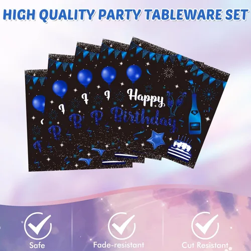 Miniatura 4 de Juego de 41 piezas de vajilla de decoración de fiesta de cumpleaños azul marino y negro, incluye platos, servilletas, mantel para hombres y mujeres