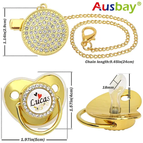 Miniatura 3 de Juego de chupetes personalizados con nombre, sin BPA, dorado, plateado, rosa, oro rosa, lujoso, regalo ideal para recién nacidos (negro)