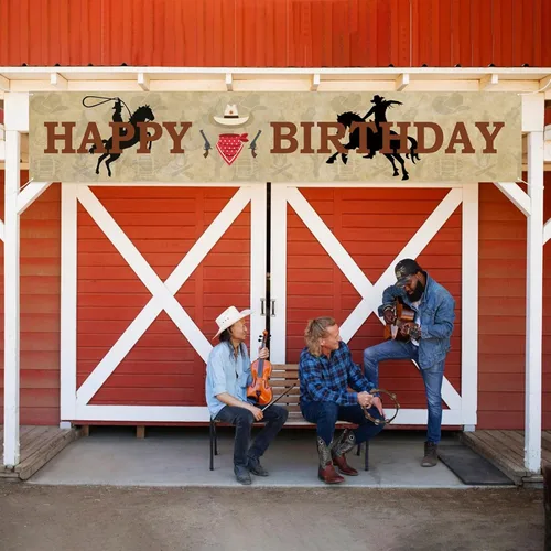 Miniatura 7 de Labakita Cartel grande de feliz cumpleaños de vaquero occidental, decoraciones de fiesta temática occidental para niños y hombres