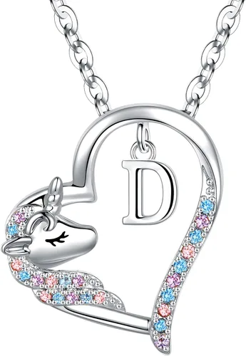Miniatura 46 de Anoup Collar con inicial de unicornio, chapado en oro de 14 quilates, hipoalergénico con circonita cúbica, colgante de diamante simulado, joyería