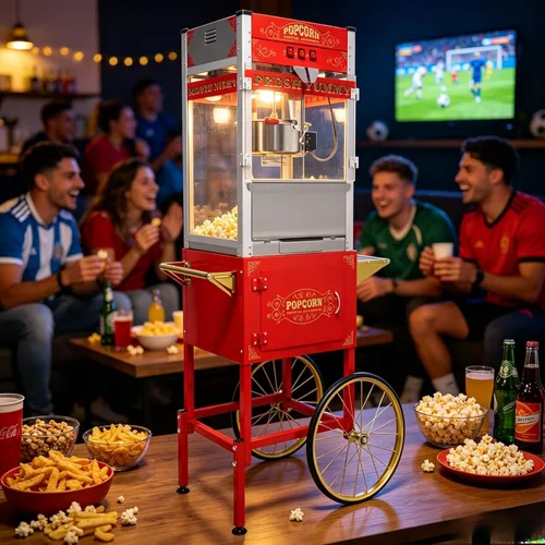 Miniatura 15 de Máquina de palomitas de maíz con carrito y ruedas, máquina de palomitas de maíz con hervidor de acero inoxidable de 14 onzas, para el hogar, Rojo