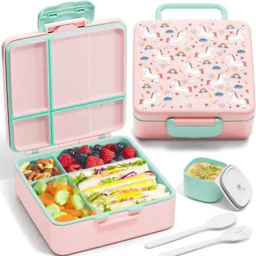 Miniatura 15 de Fimibuke Lonchera Bento para niños, a prueba de fugas, con 4 compartimentos, sin BPA, apta para lavavajillas, con utensilios, tamaños de porciones