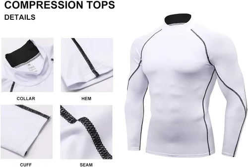 Miniatura 4 de Paquete de 2 camisetas de compresión de cuello alto alto falso para hombre, camiseta deportiva de manga larga que absorbe la capa base atlética