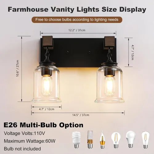 Miniatura 4 de VbiTmn Accesorios de Iluminación para Baño Estilo Granja, Lámpara de Tocador para Baño de 2 Luces Negro Mate, Estilo Industrial con Pantallas