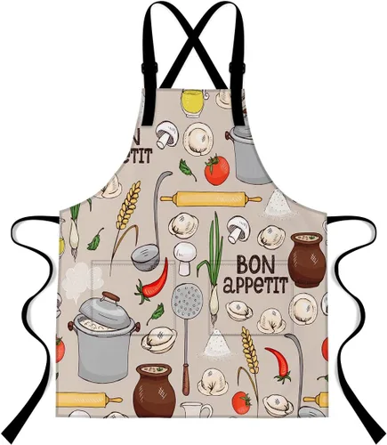 Delantal vegetal, ingredientes de cocina de dibujos animados, diseño de hongos y chile, con 2 bolsillos y correas ajustables para el hombro,
