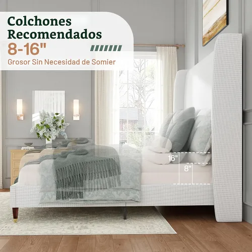 Miniatura 8 de Jocisland - Base de cama tapizada tamaño Queen con cabecera de ala alta de 51.2" con patas de madera maciza, no necesita cajón de resortes