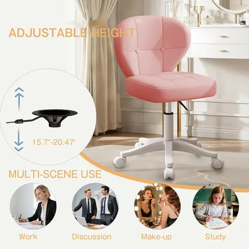 Miniatura 3 de Silla pequeña de oficina con soporte lumbar, silla de escritorio sin brazos de cuero sintético giratoria con altura ajustable, silla compacta Rosa