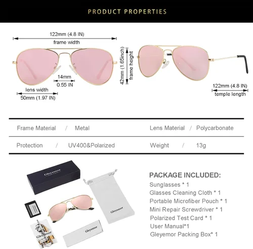 Miniatura 67 de Gleyemor Lentes de sol polarizados estilo aviador para niños y niñas, jóvenes, adolescentes, dos tamaños de 1.969 in y 2.047 in
