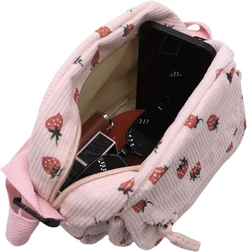 Miniatura 23 de Bolso cruzado de pana de fresa para mujeres y niñas, bonito bolso de mano con diseño de fresa, bolso de mensajero pequeño, bolso de hombro