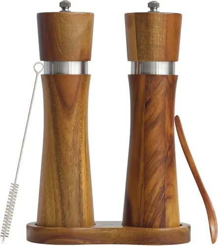 Miniatura 6 de 2 Pieces Acacia Wood Manual Pepper Grinder and Sea Salt Mill Set Handheld Spice Tool for Kitchen(IronWaist-shaped)